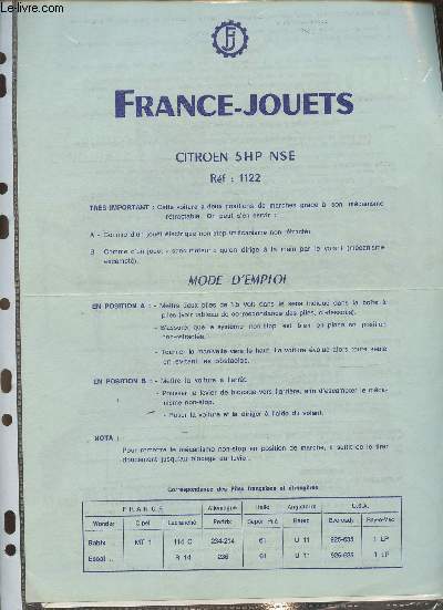 Notice Citroen 5HP NSE- France-Jouets