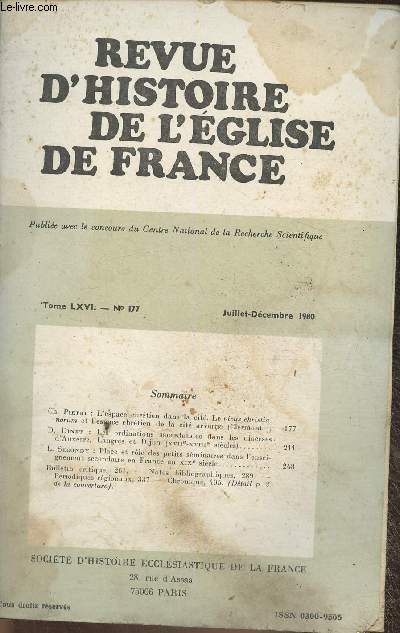 Revue d'Histoire de l'Eglis de France Tome LXVI- n177- Juillet-Dcembre 1980