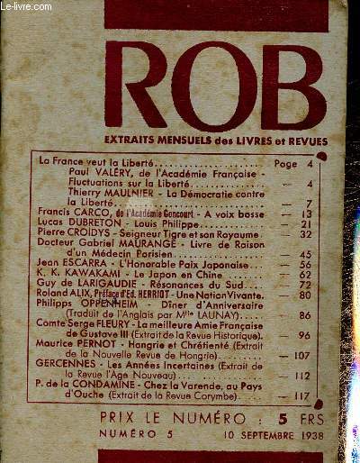 ROB Extraits mensuels des livres et revues, n5, septembre 1938 : A voix basse, par Fracis Carco - Louis Philippe, par Lucas Dubreton - Seigneur Tigre et son Royaume, par Pierre Croidys - etc