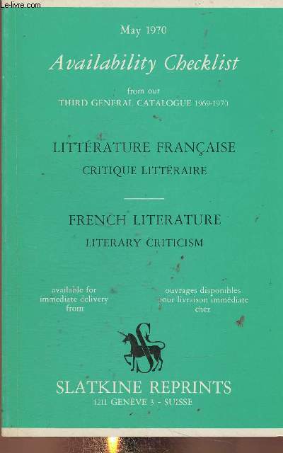 Avaibility checklist from ou third general catalogue 1969-1970, May 1970 : Littrature franaise, critique littraire / French literature, literary critiscism