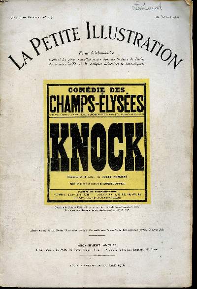 La petite illustration N227 Thtre N135 du 24 janvier 1925 Comdie des champs lyses Knock comdie en 3 actes