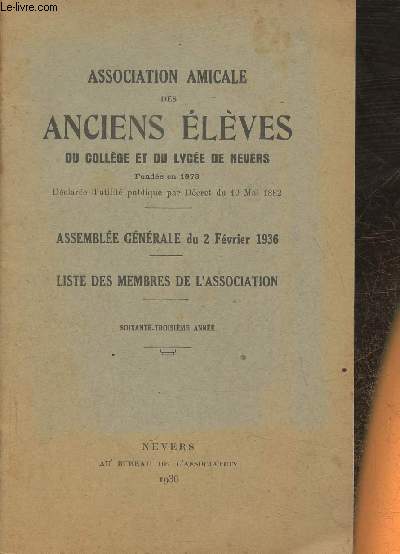 Association amicale des anciens lves du collge et du lyce de Nevers- Assemble gnrale du 2 fvrier 1936, liste des membres de l'association