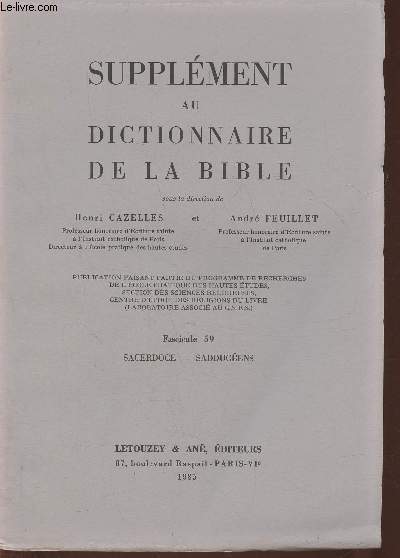 Supplment au dictionnaire de la Bible- Fascicules 58 & 59- Routes-Sacerdoce & Sacerdoce-Sadducens