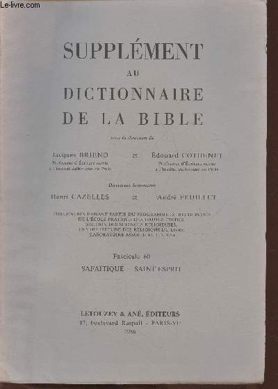 Supplment au dictionnaire de la Bible- Fascicule 60- Safatique-Saint Esprit