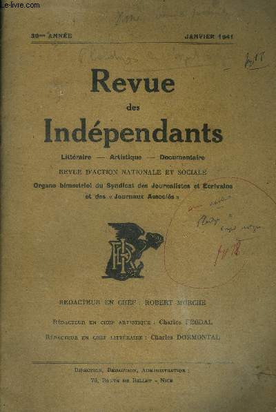 Revue des indpendants littraire, artistique, documentaire. 30eme anne , janvier 1941