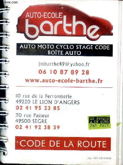 Livre du code de la route Auto cole Barthe Auto moto cyclo stage code vote auto