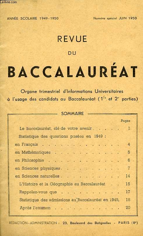 REVUE DU BACCALAUREAT, 1949-50, N SPECIAL JUIN 1950