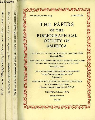 THE PAPERS OF THE BIBLIOGRAPHICAL SOCIETY OF AMERICA, VOL. 87, N 1, 3, 4, 1993