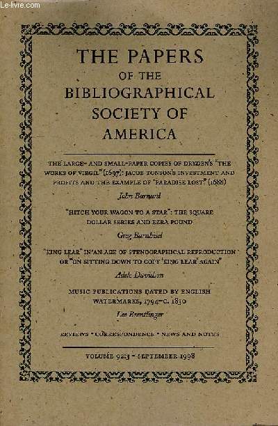 THE PAPERS OF THE BIBLIOGRAPHICAL SOCIETY OF AMERICA, VOL. 92, N 3, 1998