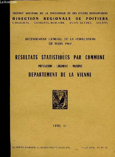 RECENSEMENT GENERAL DE LA POPULATION DE MARS 1962, RESULTATS STATISTIQUES PAR COMMUNE, POPULATION, LOGEMENT, MAISONS, DEPARTEMENT DE LA VIENNE, TOME II