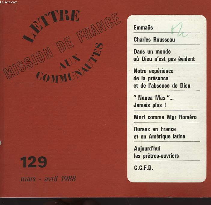 MISSION DE FRANCE, LETTRE AUX COMMUNAUTES, N 129, MARS-AVRIL 1988
