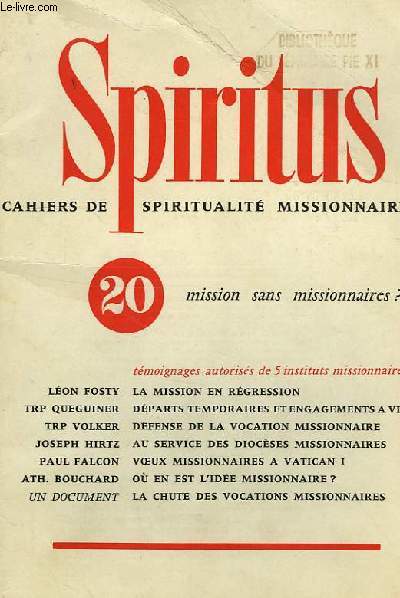 SPIRITUS, CAHIERS DE SPIRITUALITE MISSIONNAIRE, 20, MISSION SANS MISSIONNAIRES ?