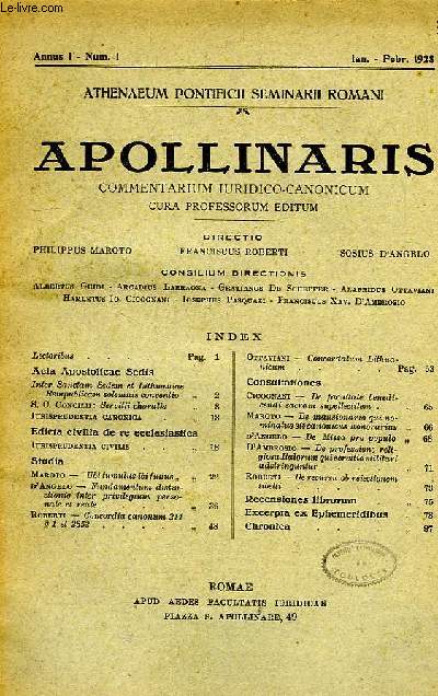 APOLLINARIS, COMMENTARIUM IURIDICO-CANONICUM, ANNUS I, N I, IAN.-FEB. 1928