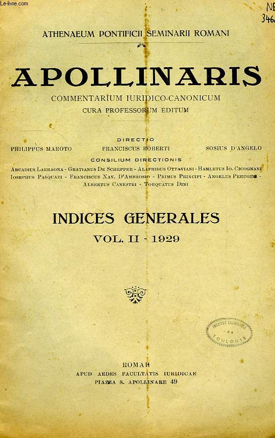 APOLLINARIS, COMMENTARIUM IURIDICO-CANONICUM, INDICES GENERALES, VOL. II, 1929