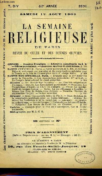 LA SEMAINE RELIGIEUSE DE PARIS, REVUE DU CULTE ET DES BONNES OEUVRES, T. CIV, N 2692, AOUT 1905