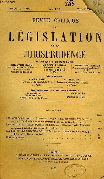 REVUE CRITIQUE DE LEGISLATION ET DE JURISPRUDENCE, 65e ANNEE, N 5, MAI 1925