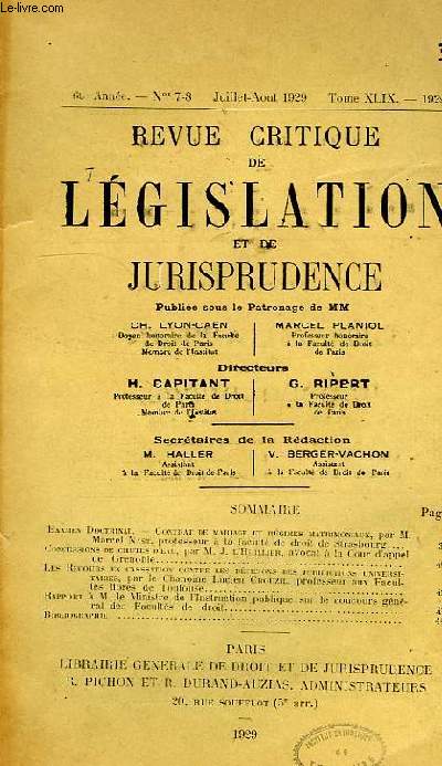 REVUE CRITIQUE DE LEGISLATION ET DE JURISPRUDENCE, 69e ANNEE, TOME XLIX, N 7-8, JUILLET-AOUT 1929