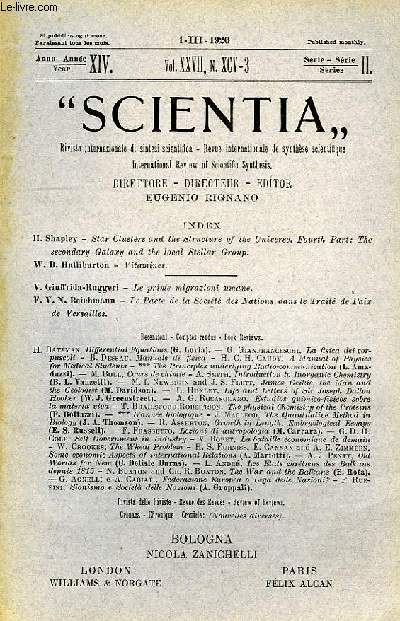 SCIENTIA, YEAR XIV, VOL. XXVII, N XCV-3, SERIE II, 1920, RIVISTA INTERNAZIONALE DI SINTESI SCIENTIFICA, REVUE INTERNATIONALE DE SYNTHESE SCIENTIFIQUE, INTERNATIONAL REVIEW OF SCIENTIFIC SYNTHESIS
