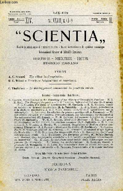 SCIENTIA, YEAR XIV, VOL. XXVIII, N CI-9, SERIE II, 1920, RIVISTA INTERNAZIONALE DI SINTESI SCIENTIFICA, REVUE INTERNATIONALE DE SYNTHESE SCIENTIFIQUE, INTERNATIONAL REVIEW OF SCIENTIFIC SYNTHESIS