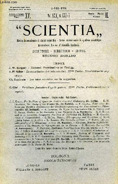 SCIENTIA, YEAR XV, VOL. XXX, N CXI-7, SERIE II, 1921, RIVISTA INTERNAZIONALE DI SINTESI SCIENTIFICA, REVUE INTERNATIONALE DE SYNTHESE SCIENTIFIQUE, INTERNATIONAL REVIEW OF SCIENTIFIC SYNTHESIS
