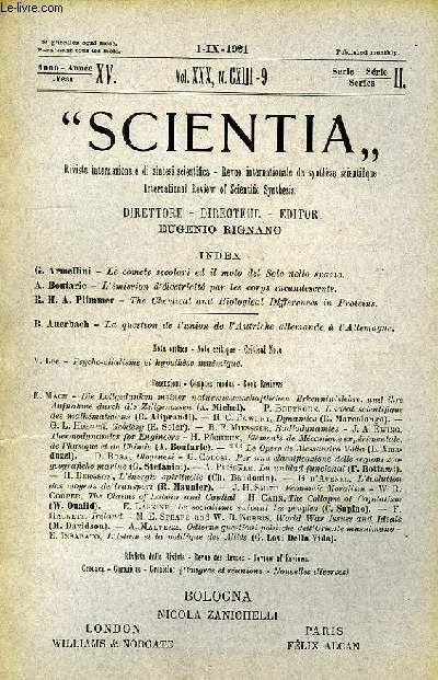SCIENTIA, YEAR XV, VOL. XXX, N CXIII-9, SERIE II, 1921, RIVISTA INTERNAZIONALE DI SINTESI SCIENTIFICA, REVUE INTERNATIONALE DE SYNTHESE SCIENTIFIQUE, INTERNATIONAL REVIEW OF SCIENTIFIC SYNTHESIS