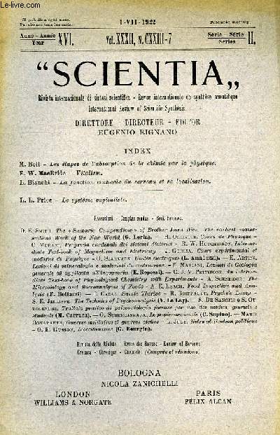 SCIENTIA, YEAR XVI, VOL. XXXII, N CXXIII-7, SERIE II, 1922, RIVISTA INTERNAZIONALE DI SINTESI SCIENTIFICA, REVUE INTERNATIONALE DE SYNTHESE SCIENTIFIQUE, INTERNATIONAL REVIEW OF SCIENTIFIC SYNTHESIS