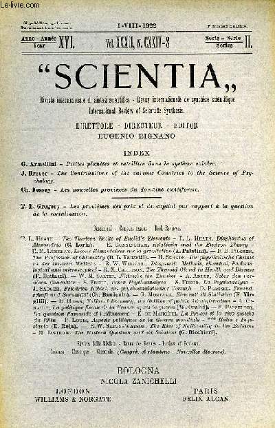 SCIENTIA, YEAR XVI, VOL. XXXII, N CXXIV-8, SERIE II, 1922, RIVISTA INTERNAZIONALE DI SINTESI SCIENTIFICA, REVUE INTERNATIONALE DE SYNTHESE SCIENTIFIQUE, INTERNATIONAL REVIEW OF SCIENTIFIC SYNTHESIS