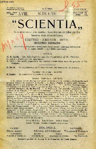 SCIENTIA, YEAR XVIII, VOL. XXXV, N CXLI-1, SERIE II, 1924, RIVISTA INTERNAZIONALE DI SINTESI SCIENTIFICA, REVUE INTERNATIONALE DE SYNTHESE SCIENTIFIQUE, INTERNATIONAL REVIEW OF SCIENTIFIC SYNTHESIS