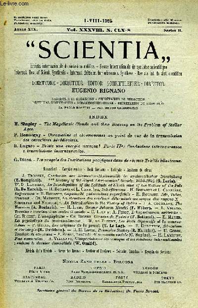 SCIENTIA, YEAR XIX, VOL. XXXVIII, N CLX-8, SERIE II, 1925, RIVISTA INTERNAZIONALE DI SINTESI SCIENTIFICA, REVUE INTERNATIONALE DE SYNTHESE SCIENTIFIQUE, INTERNATIONAL REVIEW OF SCIENTIFIC SYNTHESIS