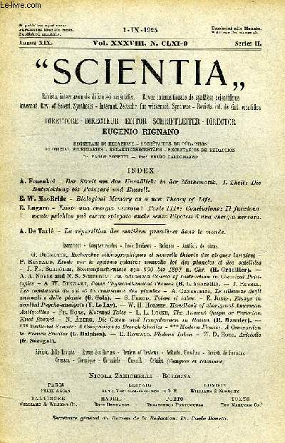 SCIENTIA, YEAR XIX, VOL. XXXVIII, N CLXI-9, SERIE II, 1925, RIVISTA INTERNAZIONALE DI SINTESI SCIENTIFICA, REVUE INTERNATIONALE DE SYNTHESE SCIENTIFIQUE, INTERNATIONAL REVIEW OF SCIENTIFIC SYNTHESIS