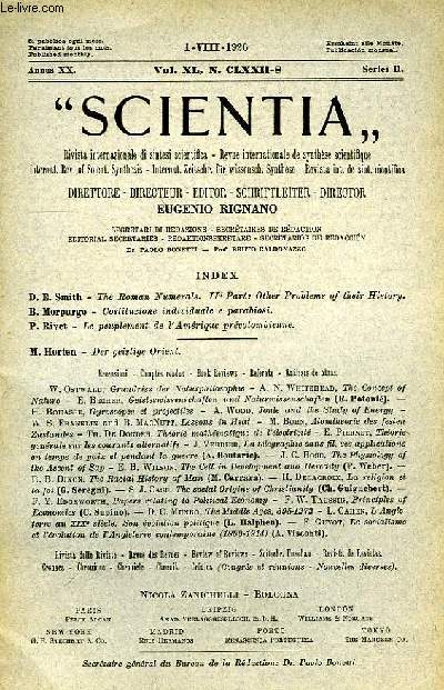SCIENTIA, YEAR XX, VOL. XL, N CLXXII-8, SERIE II, 1926, RIVISTA INTERNAZIONALE DI SINTESI SCIENTIFICA, REVUE INTERNATIONALE DE SYNTHESE SCIENTIFIQUE, INTERNATIONAL REVIEW OF SCIENTIFIC SYNTHESIS
