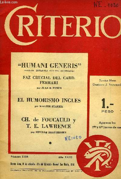 CRITERIO, REVISTA TRADICIONAL DEL CATOLICISMO ARGENTINO, DEL 1950 (AO XXIII) AL 1965 (A0 XXXVII)