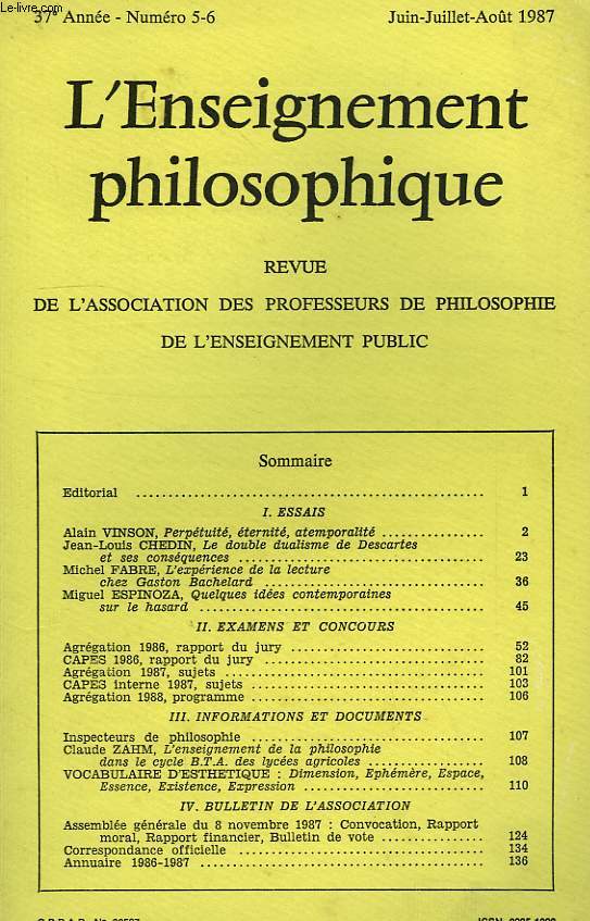 REVUE DE L'ENSEIGNEMENT PHILOSOPHIQUE, 37e ANNEE, N 5-6, JUIN-AOUT 1987