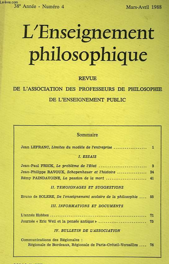 REVUE DE L'ENSEIGNEMENT PHILOSOPHIQUE, 38e ANNEE, N 4, MARS-AVRIL 1988