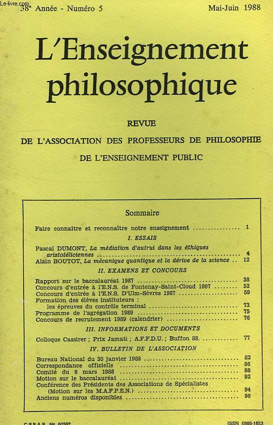 REVUE DE L'ENSEIGNEMENT PHILOSOPHIQUE, 38e ANNEE, N 5, MAI-JUIN 1988