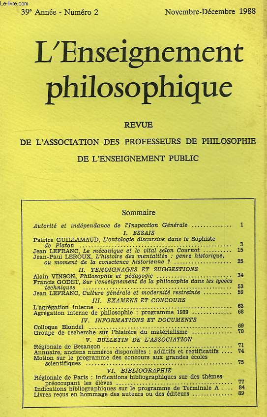 REVUE DE L'ENSEIGNEMENT PHILOSOPHIQUE, 39e ANNEE, N 2, NOV-DEC. 1988