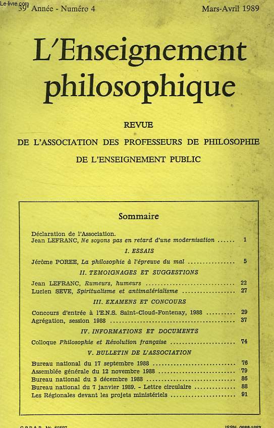REVUE DE L'ENSEIGNEMENT PHILOSOPHIQUE, 39e ANNEE, N 4, MARS-AVRIL 1989