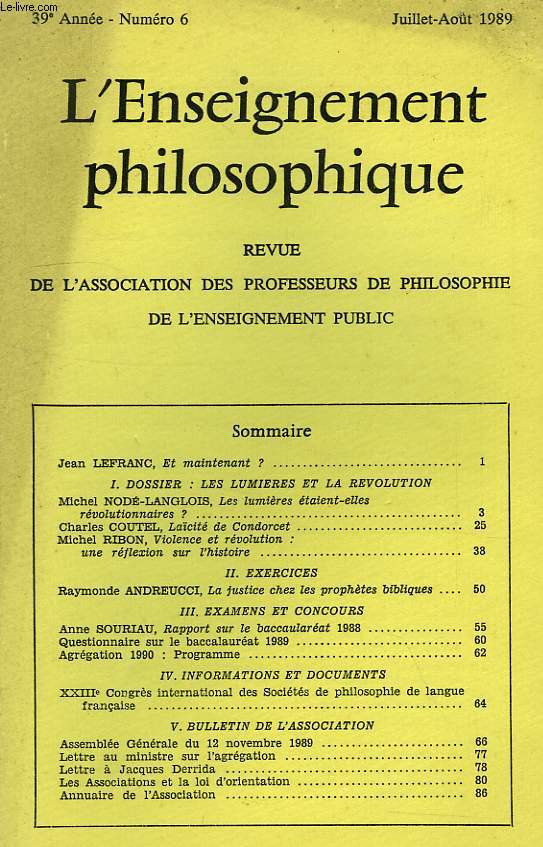 REVUE DE L'ENSEIGNEMENT PHILOSOPHIQUE, 39e ANNEE, N 6, JUILLET-AOUT 1989