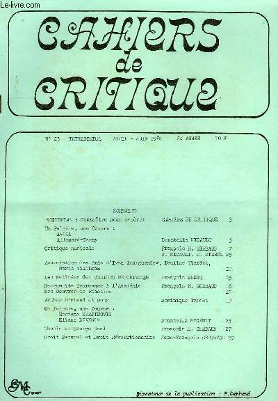 CAHIERS DE CRITIQUE, N23, AVRIL-JUIN 1981, 6e ANNEE