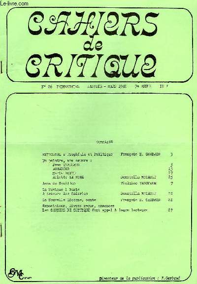 CAHIERS DE CRITIQUE, N26, JAN.-MARS 1982, 7e ANNEE