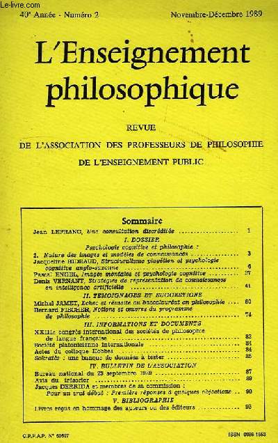 REVUE DE L'ENSEIGNEMENT PHILOSOPHIQUE, 40e ANNEE, N 2, SEPT.-OCT. 1989