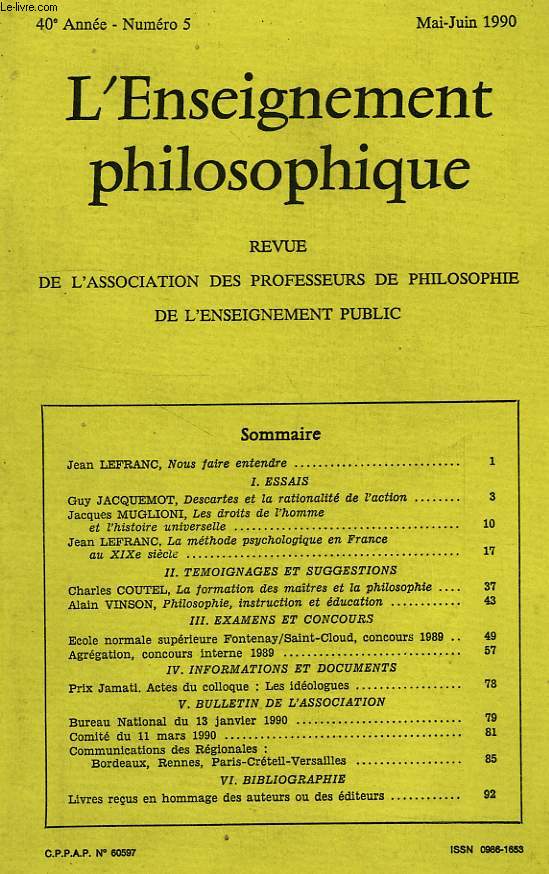 REVUE DE L'ENSEIGNEMENT PHILOSOPHIQUE, 40e ANNEE, N 5, MAI-JUIN 1990