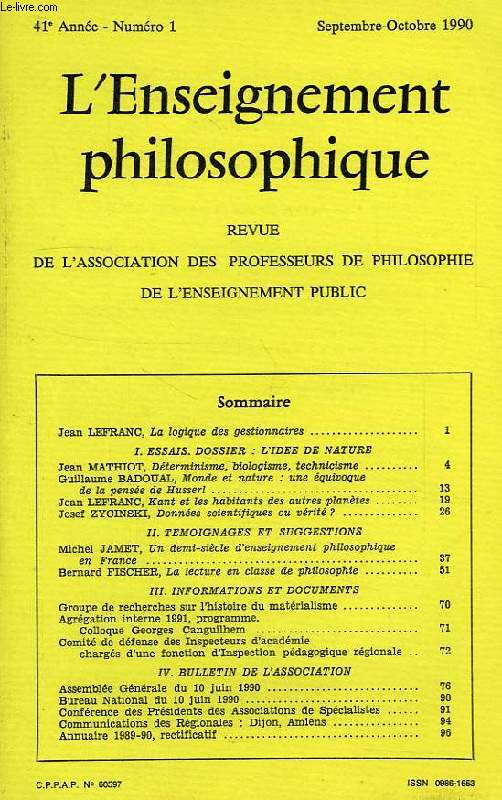 REVUE DE L'ENSEIGNEMENT PHILOSOPHIQUE, 41e ANNEE, N 1, SEPT.-OCT. 1990