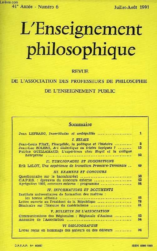 REVUE DE L'ENSEIGNEMENT PHILOSOPHIQUE, 41e ANNEE, N 6, JUILLET-AOUT 1991