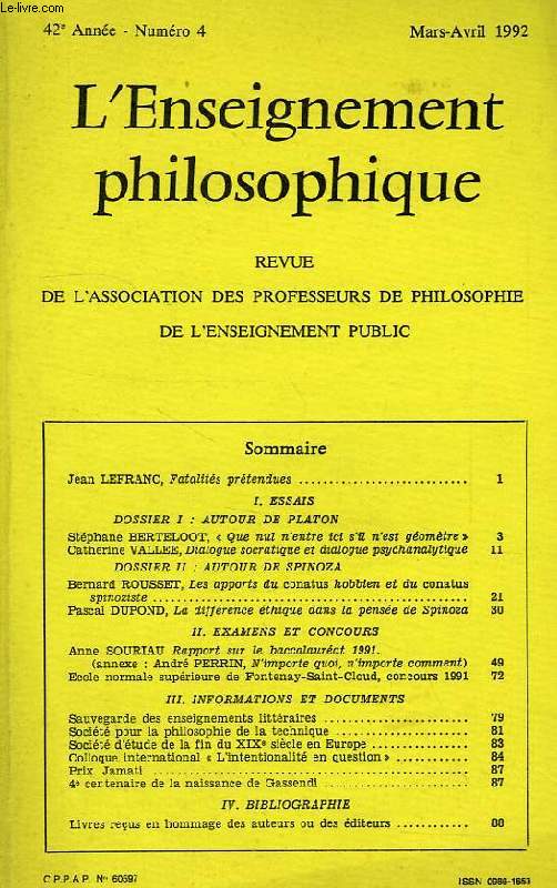 REVUE DE L'ENSEIGNEMENT PHILOSOPHIQUE, 42e ANNEE, N 4, MARS-AVRIL 1992