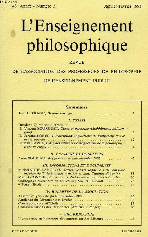 REVUE DE L'ENSEIGNEMENT PHILOSOPHIQUE, 43e ANNEE, N 3, JAN.-FEV. 1993