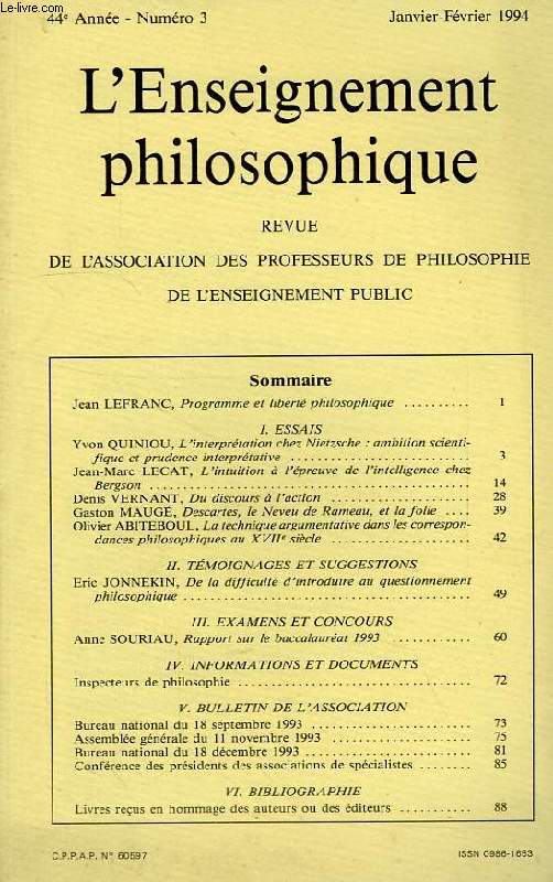 REVUE DE L'ENSEIGNEMENT PHILOSOPHIQUE, 44e ANNEE, N 3, JAN.-FEV. 1994