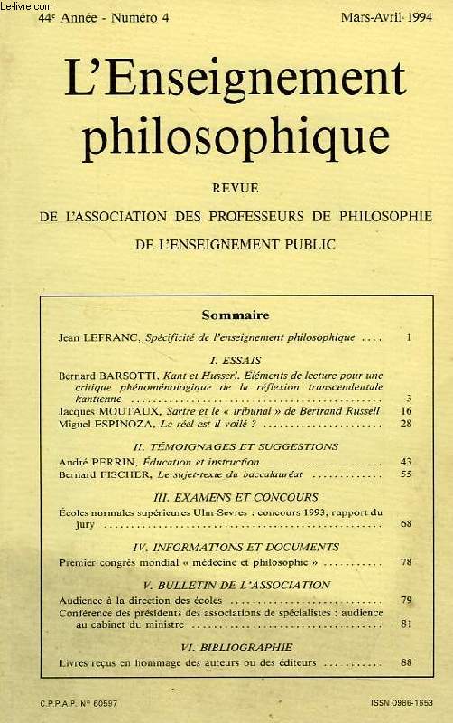 REVUE DE L'ENSEIGNEMENT PHILOSOPHIQUE, 44e ANNEE, N 4, MARS-AVRIL 1994