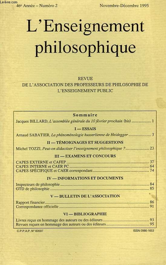 REVUE DE L'ENSEIGNEMENT PHILOSOPHIQUE, 46e ANNEE, N 2, NOV.-DEC. 1995