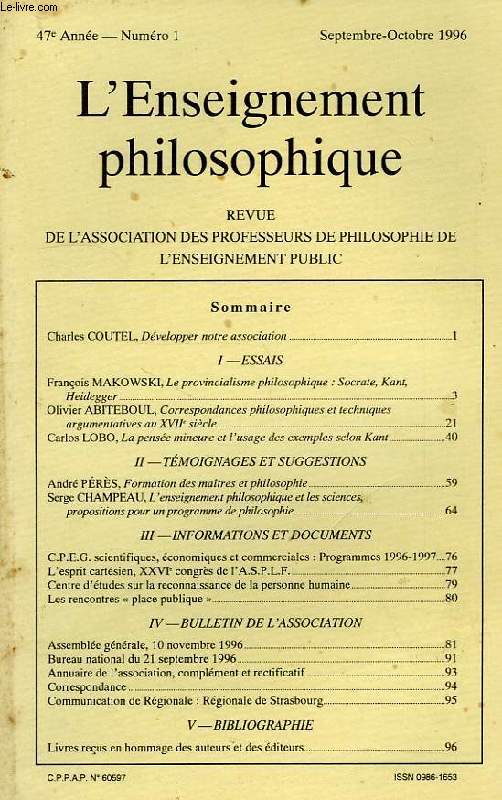 REVUE DE L'ENSEIGNEMENT PHILOSOPHIQUE, 47e ANNEE, N 1, SEPT-OCT. 1996